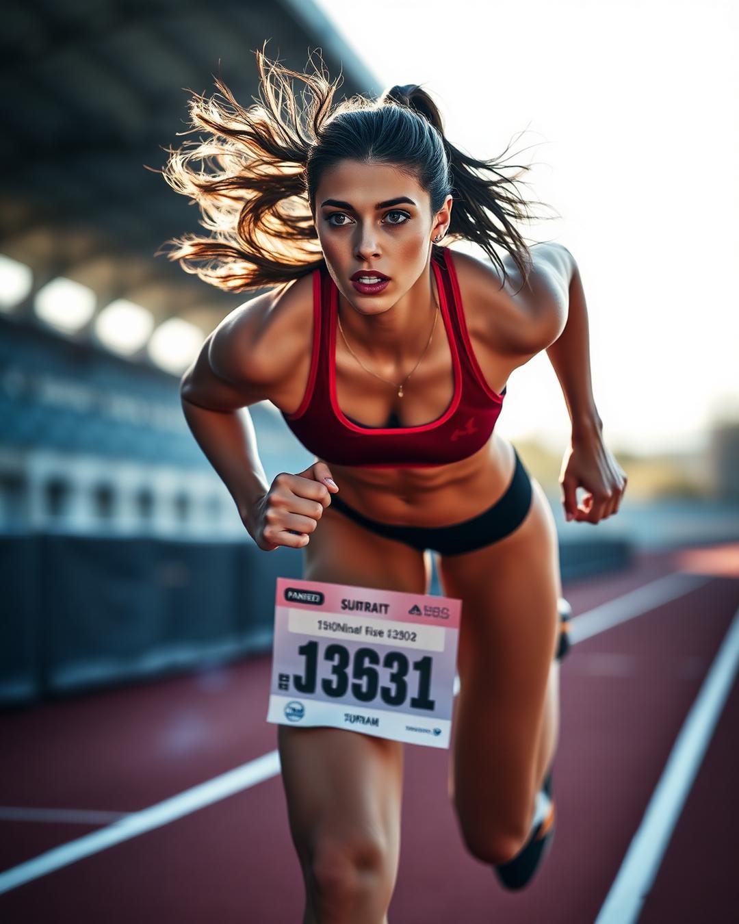 Female sprinter accelerating on the track