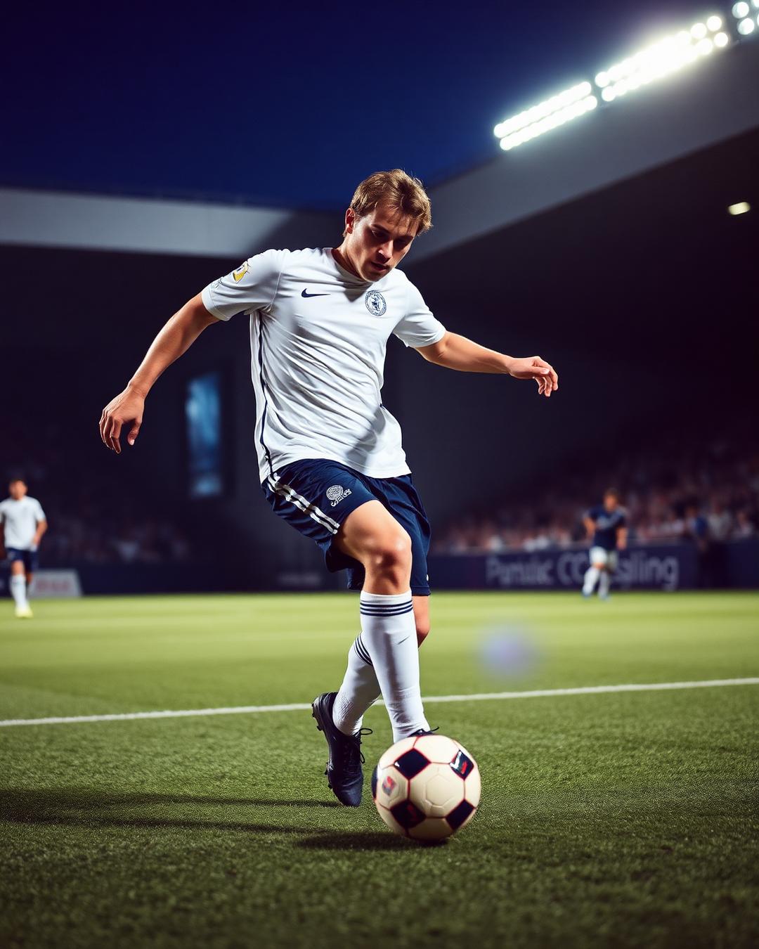 Footballer striking the ball on the pitch